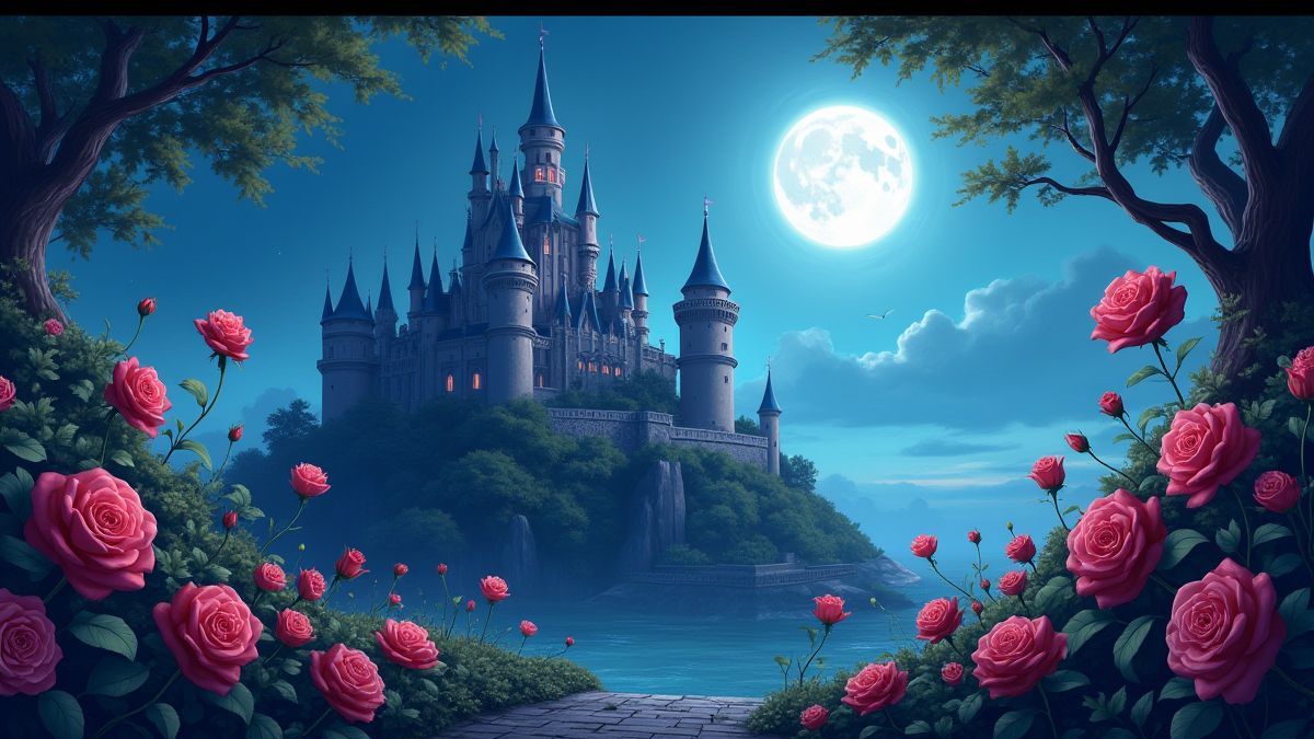Un castillo rodeado de rosas bajo la luz de la luna.